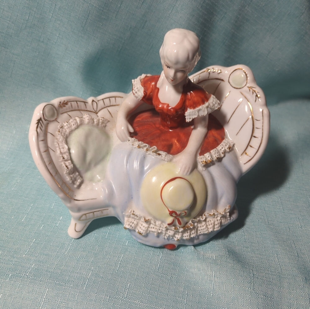 Vintage Victorian Lady On Sofa Porcelain Figurine Sitting Woman Statue 5.5" x 7"